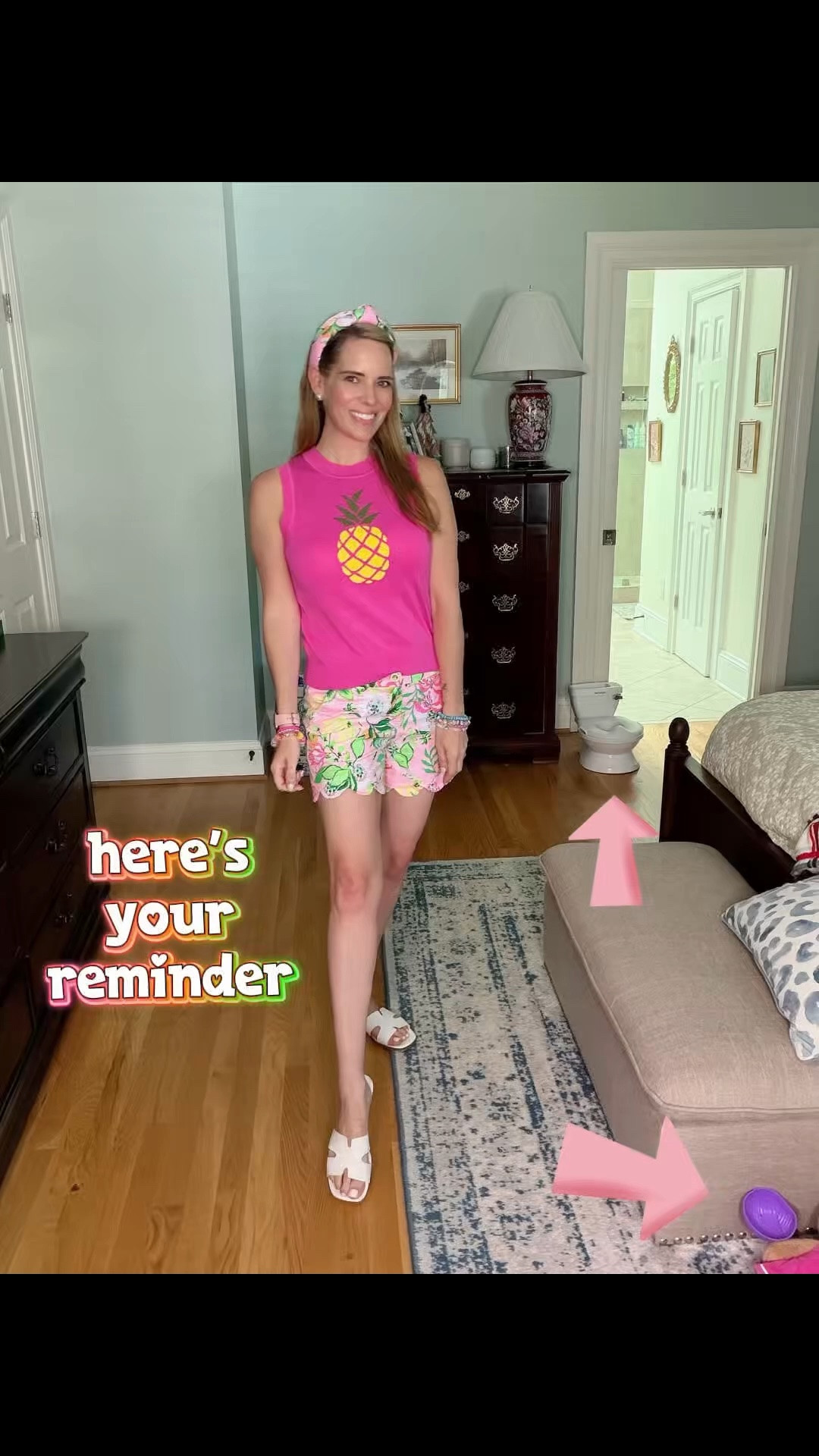 🍍 Pink Pineapple Summer Style 🍍

Bright, colorful, and ready for sunshine! This fun pink pineapple tank paired with my older Lilly Pulitzer Buttercup shorts is such a cheerful summer combination. 🌴💗 I added white slide sandals, a coordinating floral headband, and colorful beaded bracelets for an easy outfit that feels playful, polished, and perfect for everything from vacation days to casual weekend outings.

I love mixing vibrant prints and tropical colors during the summer, and this look brings all the Palm Beach vibes without sacrificing comfort. ☀️🌺 Whether you’re headed to brunch, the beach, a resort getaway, or simply running errands in style, this outfit is an easy way to add a little sunshine to your day.

Colorful summer outfit, pink pineapple top, tropical style, Palm Beach fashion, preppy summer outfit, Lilly Pulitzer inspired style, resort wear, vacation outfit ideas, bright summer fashion, colorful accessories, white slide sandals, headband style, summer casual outfit, beach vacation outfit, women over 40 style, cheerful summer fashion, tropical print shorts, coastal preppy style. 💕🌴✨

#LTKmomlife #LTKKids #LTKOver40