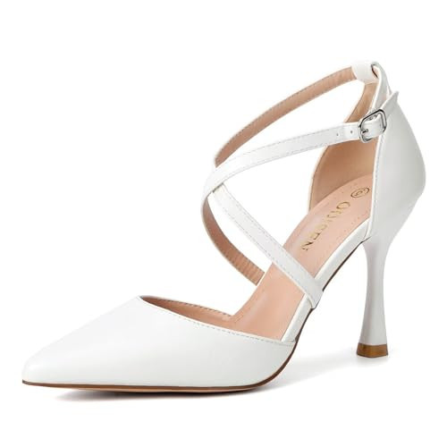 Odisen White Closed Toe Heels for Women Strappy Pointed Toe High Heel Stiletto Pumps Pointy Wedding Evening Dress Shoes (White Pu, 7.5) | Amazon (US)