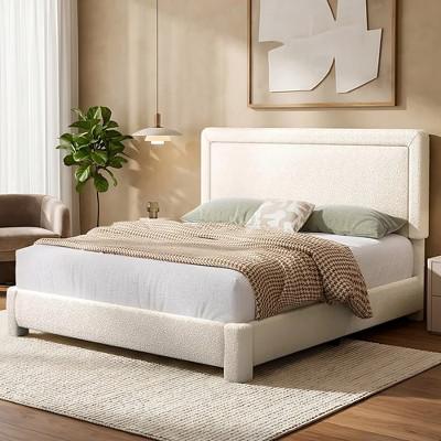Dyonery Boucle Upholstered Platform Bed Frame Full Size, Adjustable Headboard, Soft Rounded Corners, No Box Spring Required, Beige | Target