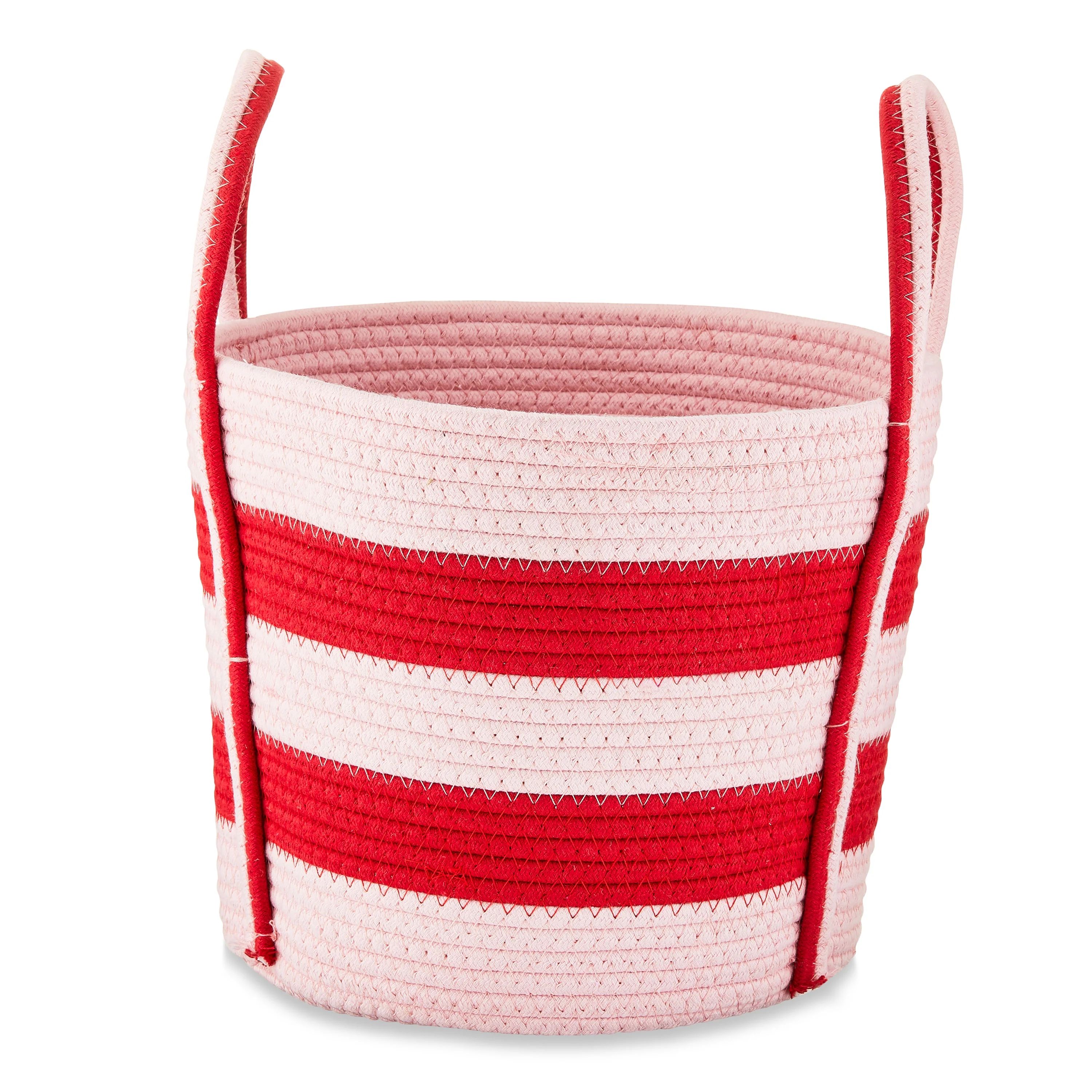 Valentine's Day Cotton Rope Storage Basket with Handle, Red & Pink Stripes, by Way To Celebrate | Walmart (US)