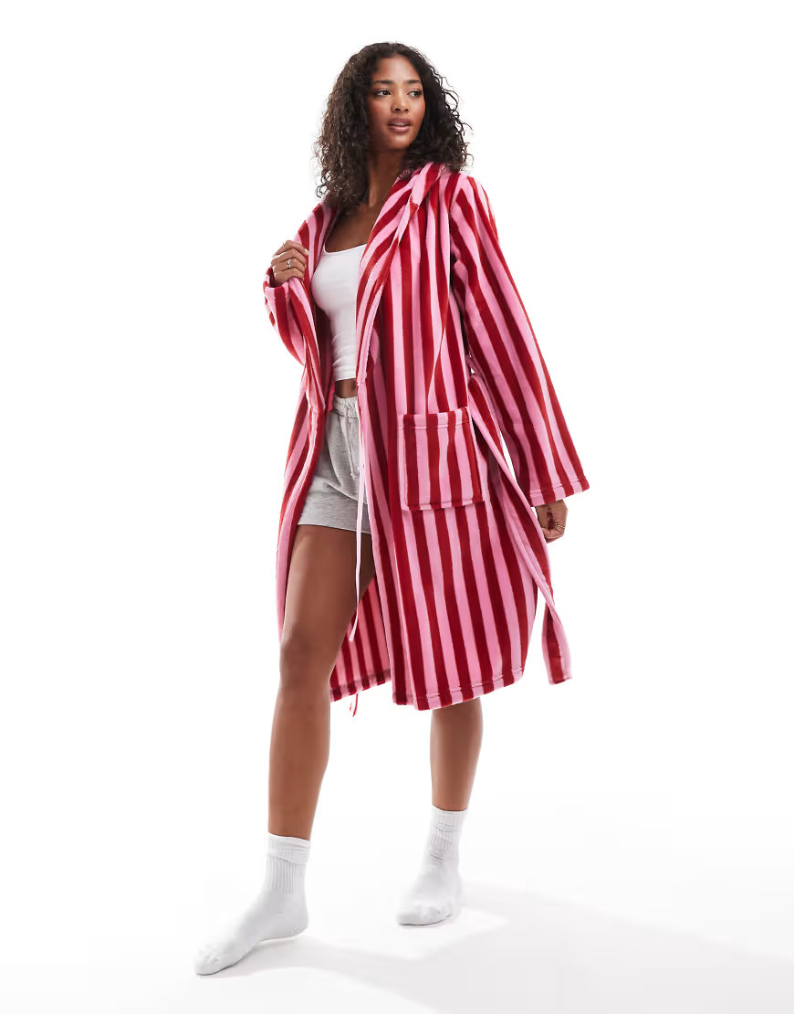 Urban Threads fleece dressing gown in pink and red stripe-Multi | ASOS (Global)