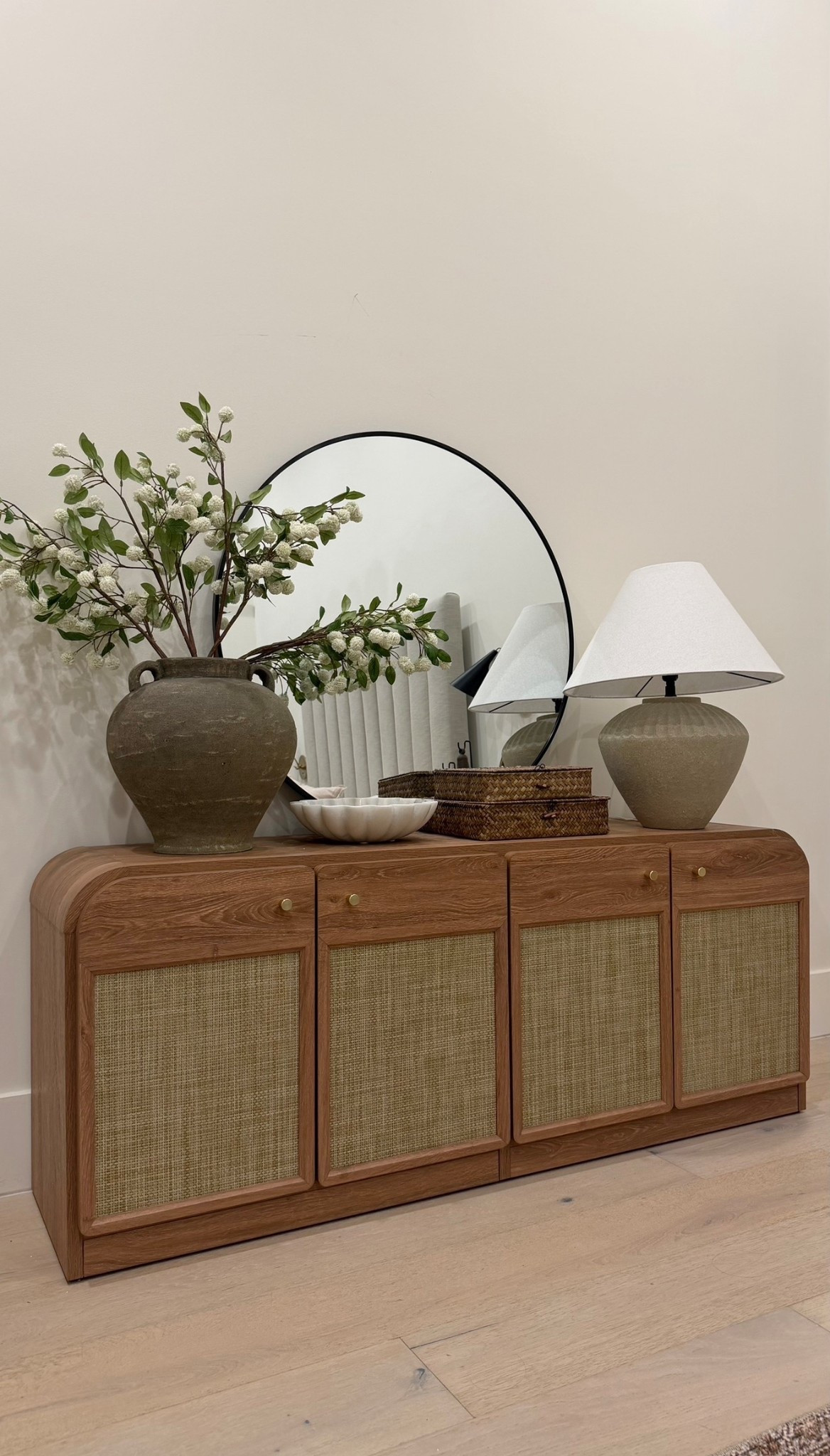 This console table! 😍 So in love with the shape and design. This is the natural color. It can be used as a console table, dining buffet entryway cabinet to hide shoes and a tv console. The possibilities are endless! Such great quality and price point and found it on @Wayfair 

#LTKHome #LTKSaleAlert