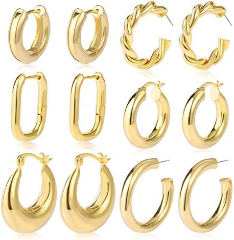6 Pairs Chunky Gold Hoop Earrings Set for Women 14K Gold Plated Hypoallergenic Thick Open Huggie ... | Amazon (US)