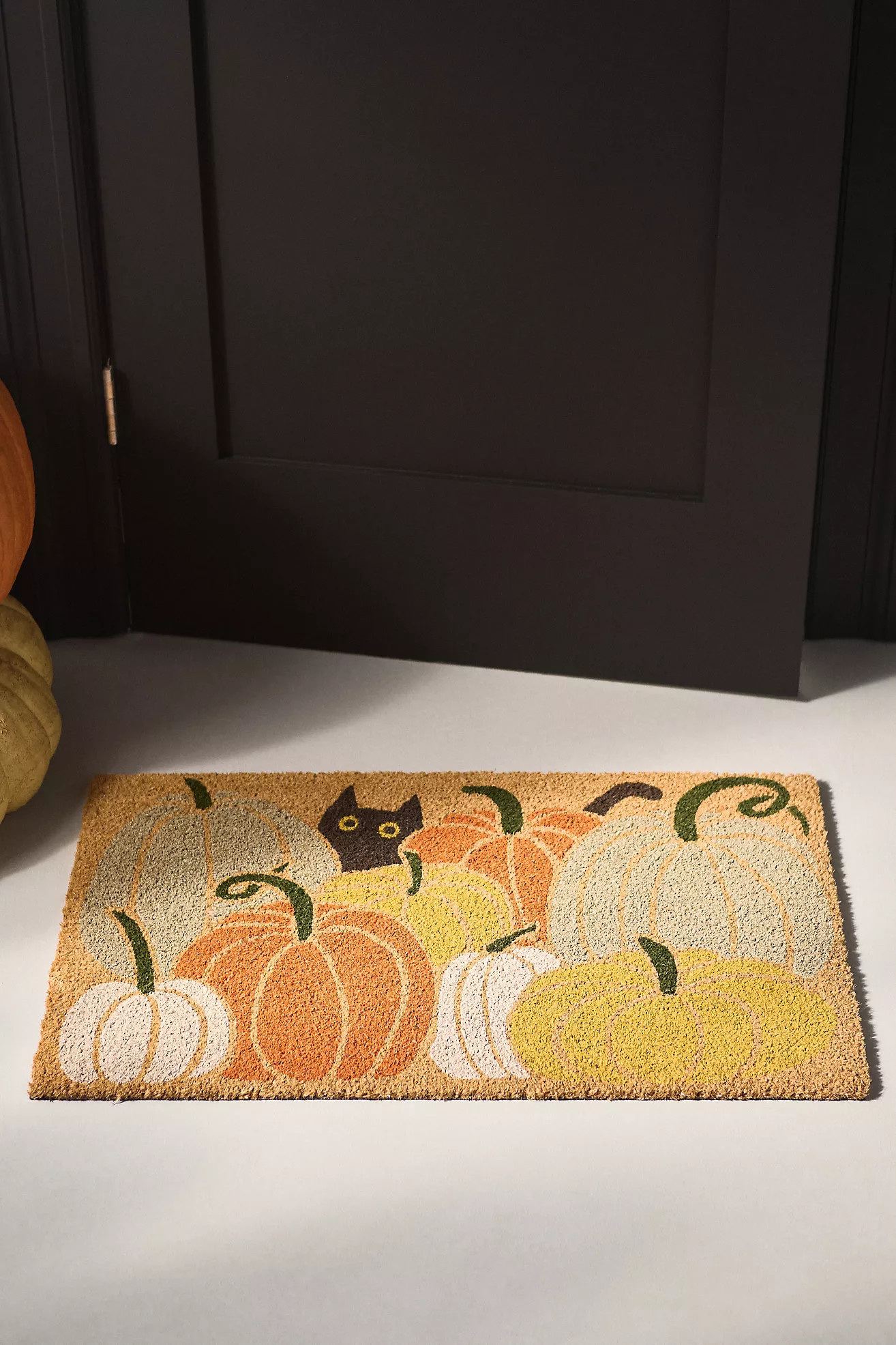 Black Cat in a Pumpkin Patch Printed Coir Doormat | Anthropologie (US)