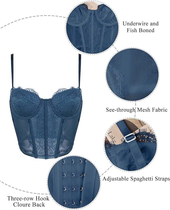 Women's Lace Mesh Bustier Fish Boned Sheer Spaghetti Straps Going Out Corset Crop Top with Underw... | Amazon (US)