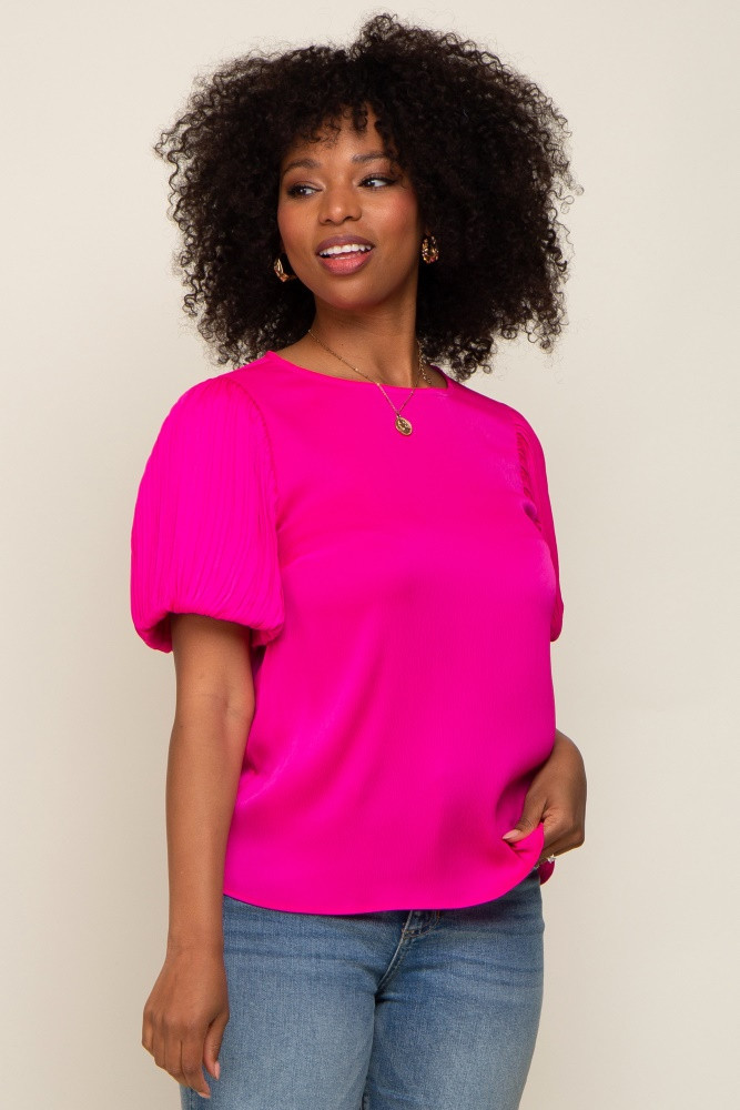 Fuchsia Satin Pleated Puff Short Sleeve Blouse | PinkBlush Maternity