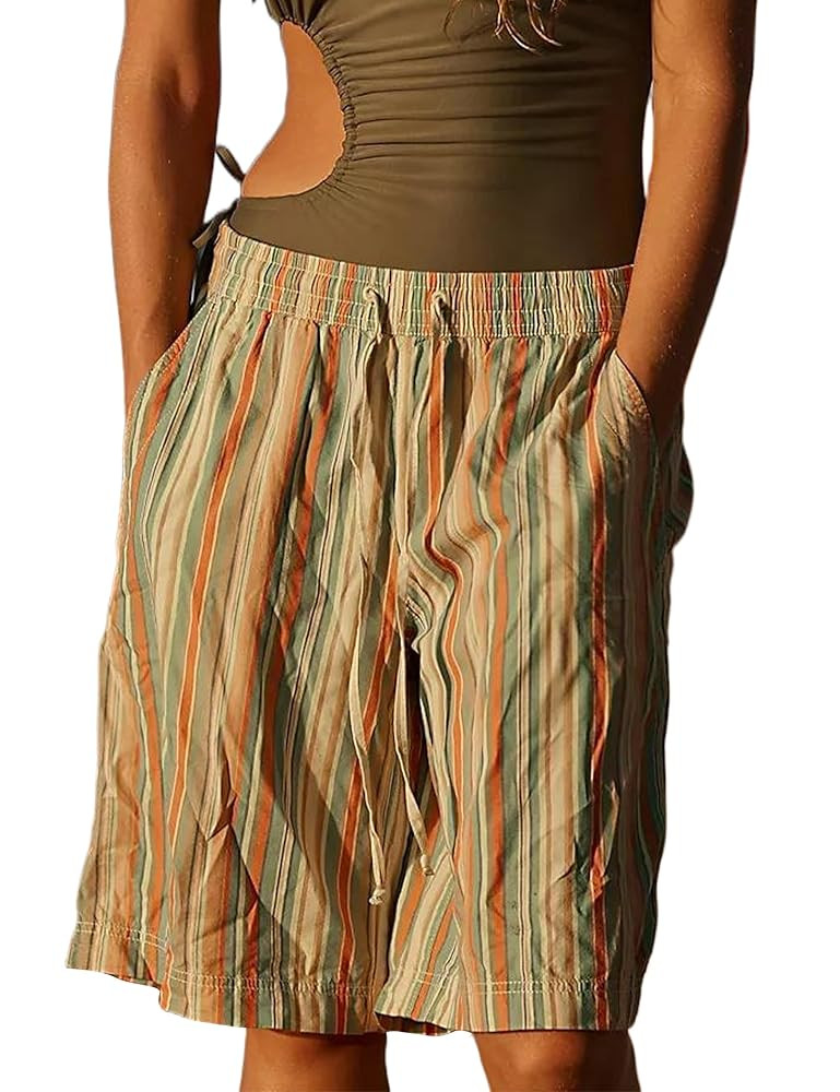 MISSACTIVER Women Stripe Bermuda Shorts Knee-Length Drawstring Elastic Waist Wide Leg Baggy Short... | Amazon (US)