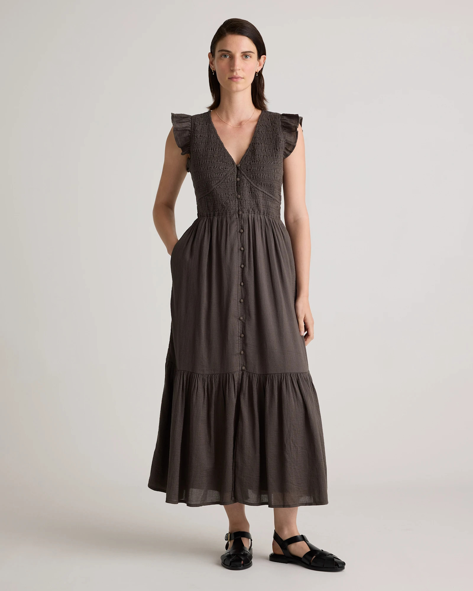 Organic Textured Cotton Smocked V-Neck Midi Dress | Quince