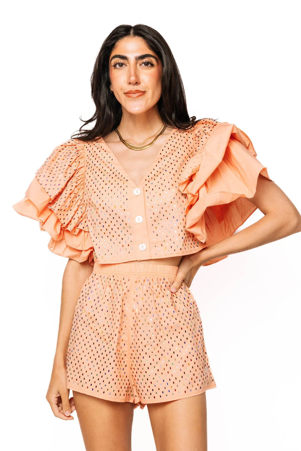 Sample Peach Multi Rhinestone Ruffle Sleeve Top & Short Set | Queen of Sparkles