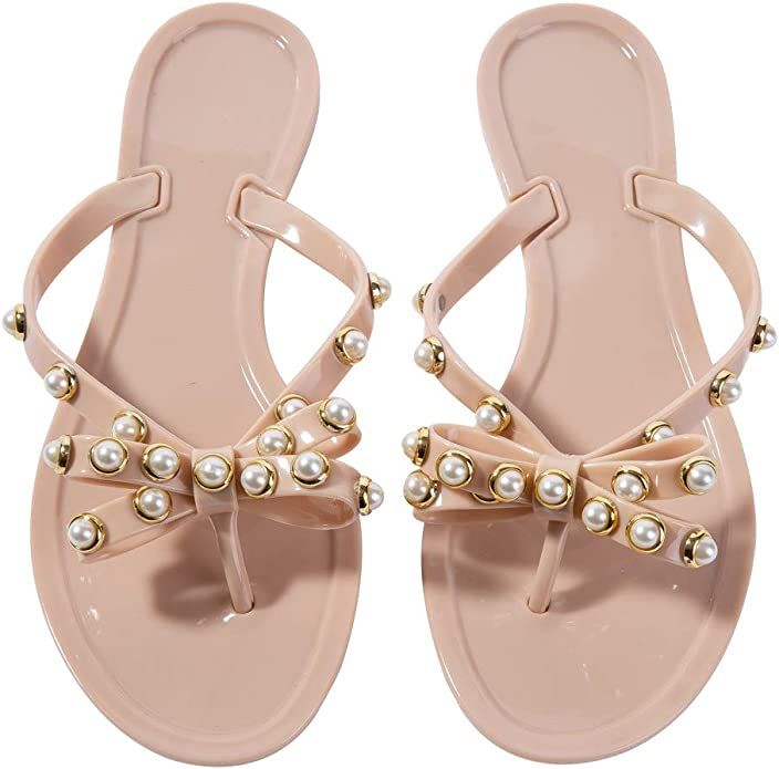 Women Flip-Flops Pearls Bow Sandals Beach Flat Rivets Rain Jelly Gold Pearls | Amazon (US)