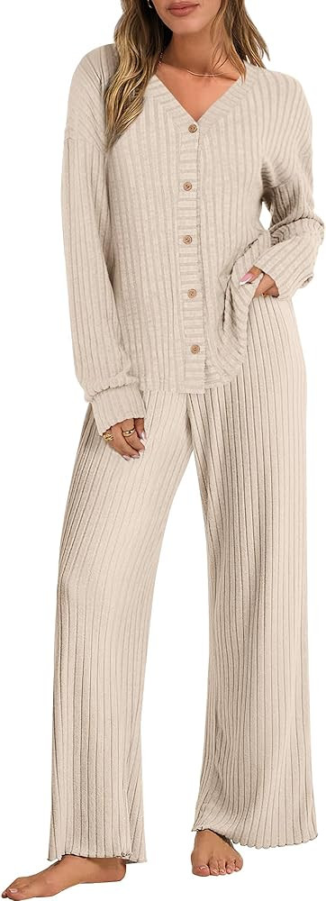 ANRABESS Women's 2 Piece Lounge Pajama Sets Ribbed Long Sleeve Button Top Matching Pants Sleepwea... | Amazon (US)