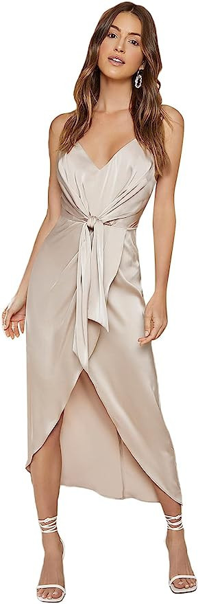 Floerns Women's Satin Tie Front Sleeveless Asymmetrical Cami Party Long Dress | Amazon (US)