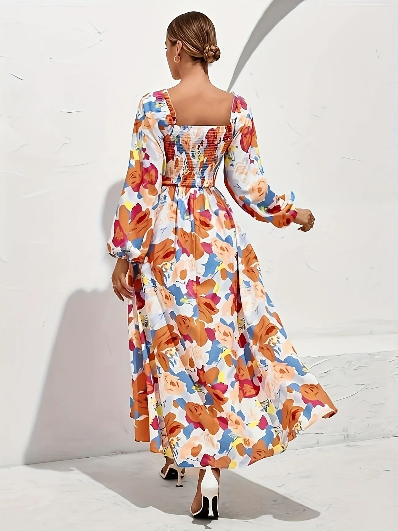 Floral Print Shirred Dress, Boho Lantern Long Sleeve Squared Neck Dress, Women's Clothing - Temu | Temu Affiliate Program