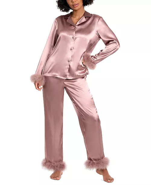 Women's Marabou Feather Satin Pajama Set | Macy's