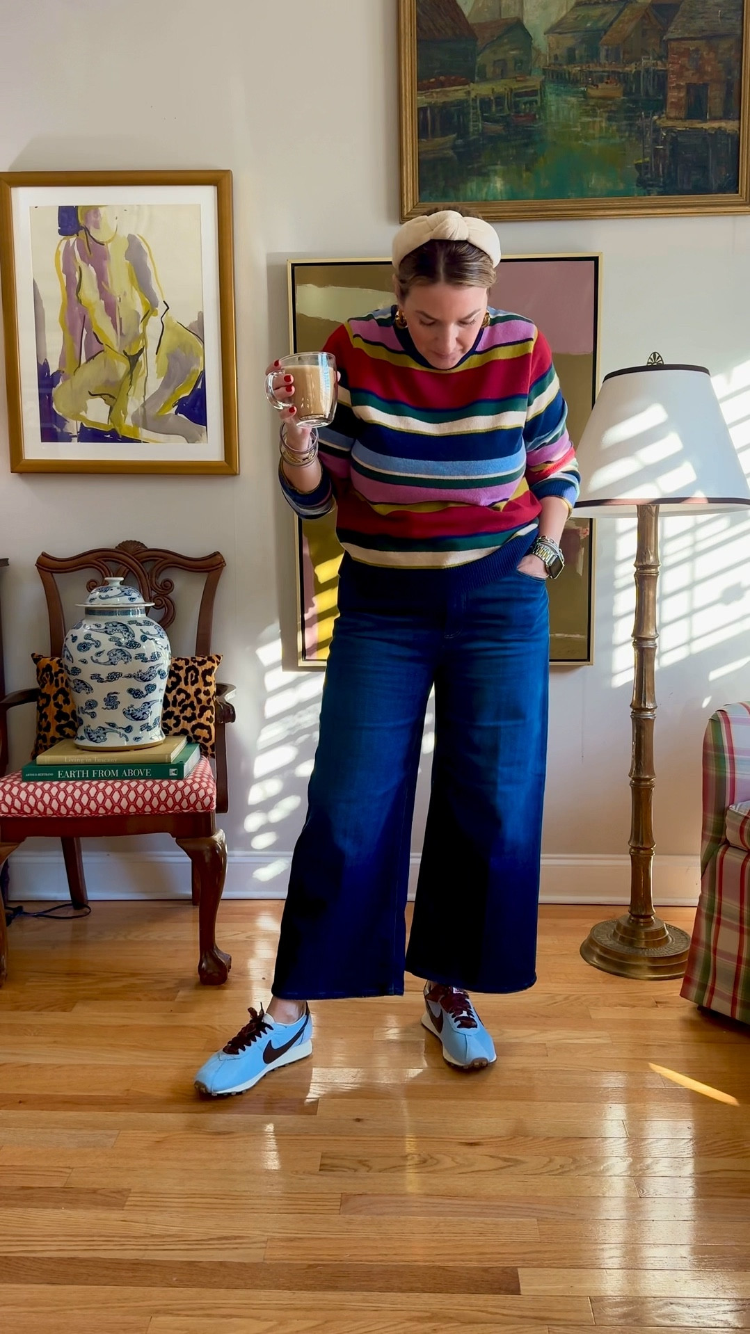 casual work from home look 
High rise wide leg cropped jean, so comfy 
Striped casual sweater 
Nike tennis shoes 
Lele sadoughi headband 

#LTKmomlife #LTKootd #LTKOver40