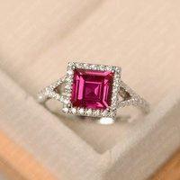 Red Ruby Ring, Square Cut July Birthstone, White Gold, Halo Engagement Ring For Women | Etsy (US)