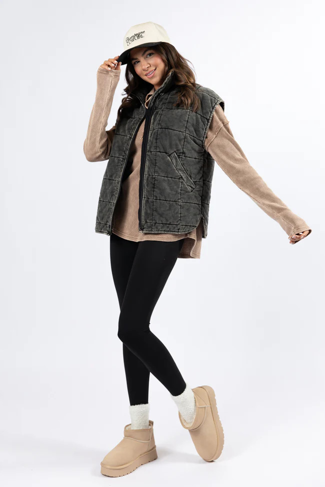 Perfect Tone Black Acid Wash Quilted Vest SALE | Pink Lily