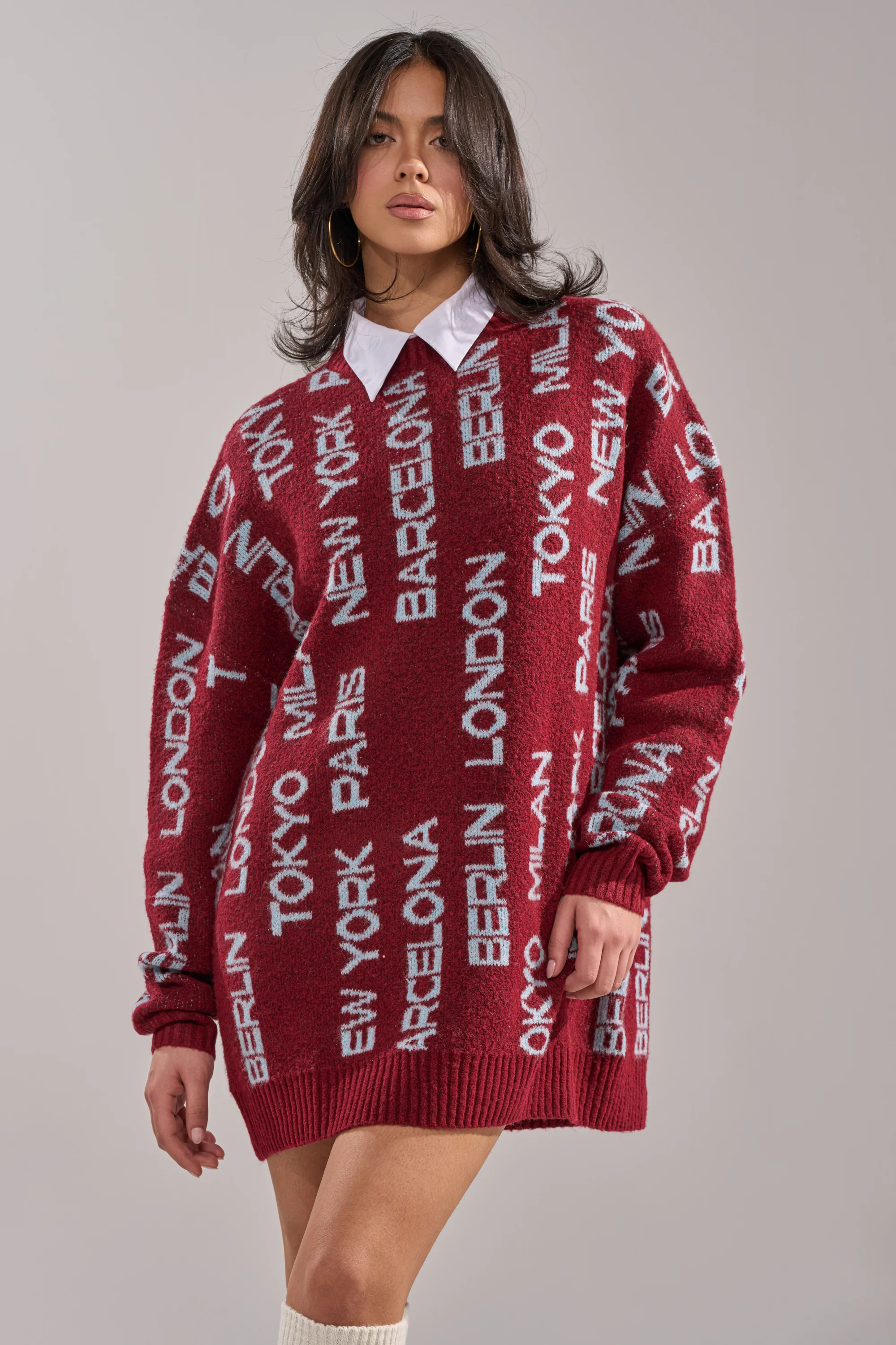 AROUND THE WORLD SWEATER MINI DRESS IN RED | AKIRA