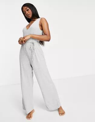 ASOS DESIGN mix & match lounge super soft rib jumpsuit with waist tie in gray marl | ASOS (Global)