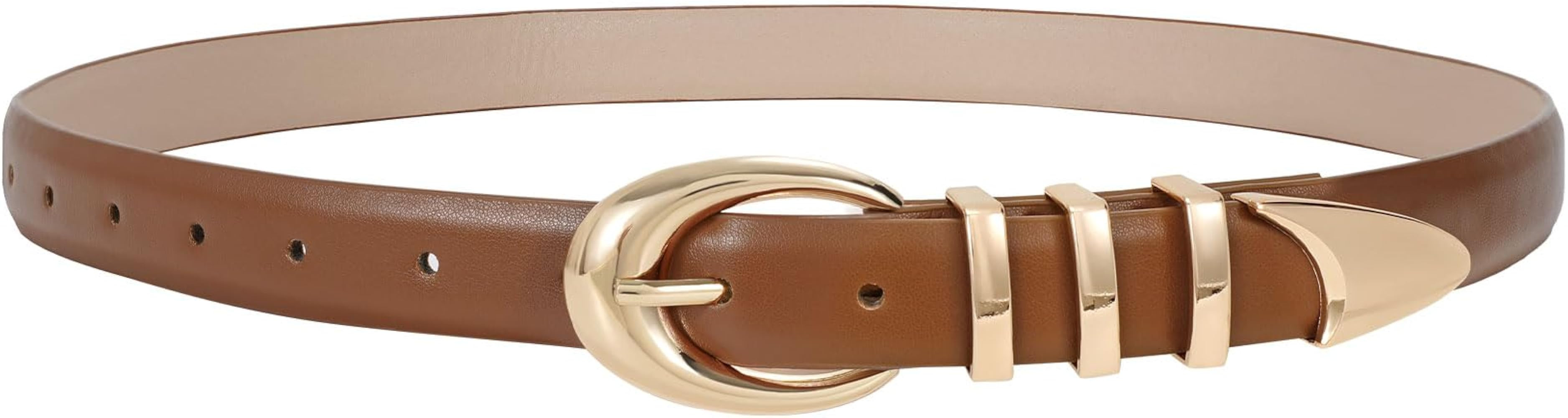 Women Leather Belt for Jeans Pants Fashion Ladies Skinny Faux Leather Dress belt with Gold Buckle | Amazon (US)