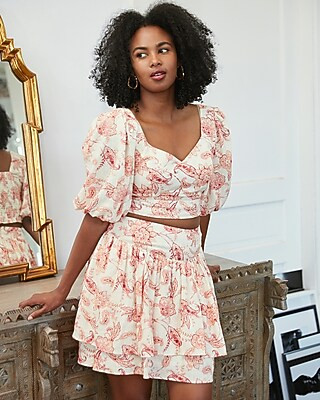 Linen-Blend Printed Puff Sleeve Crop Top | Express