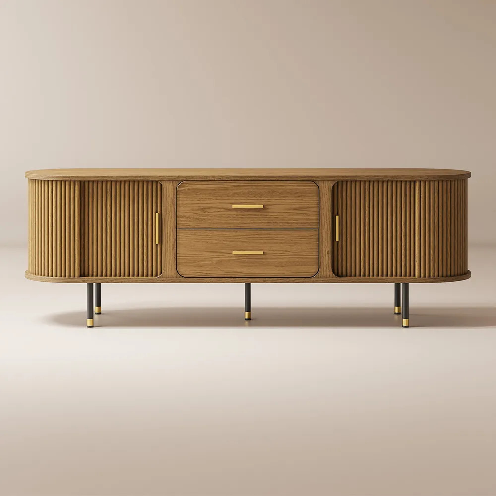 Hernest | 70 inch Oval Solid Wood Media Console with Roller Shutter Door & Drawers | Hernest