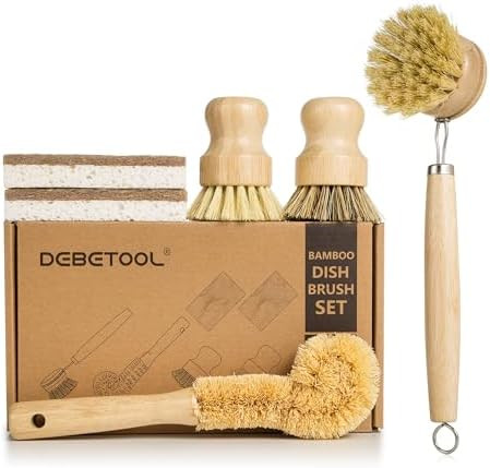 6 Piece Bamboo Dish Brush Set with Coconut Sponge - Wooden Dish Brush with Sisal and Palm Fiber, ... | Amazon (US)