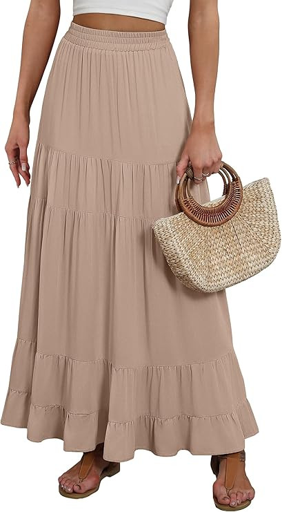 ANRABESS Womens Maxi Skirt Elastic High Waist Swing Tiered A-line Flowy Pleated Boho Beach Vacati... | Amazon (US)