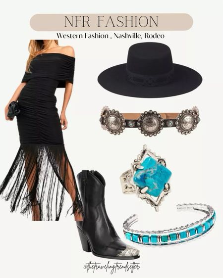 Love this nfr outfit idea, that works well as a country concert outfit idea too. Love this western style look with black maxi dress, black cowboy boots, torquoise jewelry, and black cowboy hat.
5/15

#LTKStyleTip #LTKFestival #LTKParties
