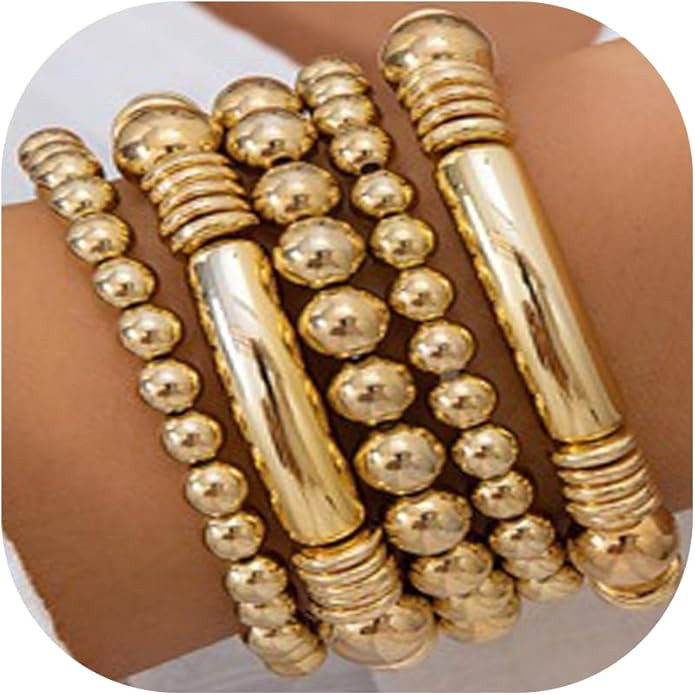 5Pcs Gold Bead Bracelets Set for Women,14K Gold Plated Stackable Bead Ball Bracelets Set,Adjustab... | Amazon (US)