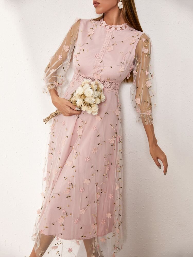 Floral Mesh Overlay A-line Dress | SHEIN