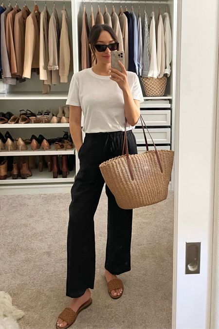 Comfy spring basics from J.crew 

White tee - s
Linen soleil pant - wearing xs petite 
Woven bag in ‘natural straw’
Sandals - ‘English saddle'

#LTKSeasonal #LTKstyletip