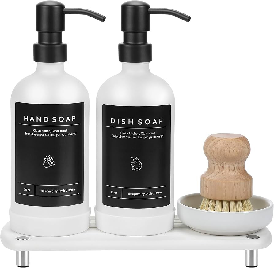 [Luxury] Kitchen Soap Dispenser Set - 16OZ White Glass Bottle, Stainless Steel Pump, Instant Dry ... | Amazon (US)