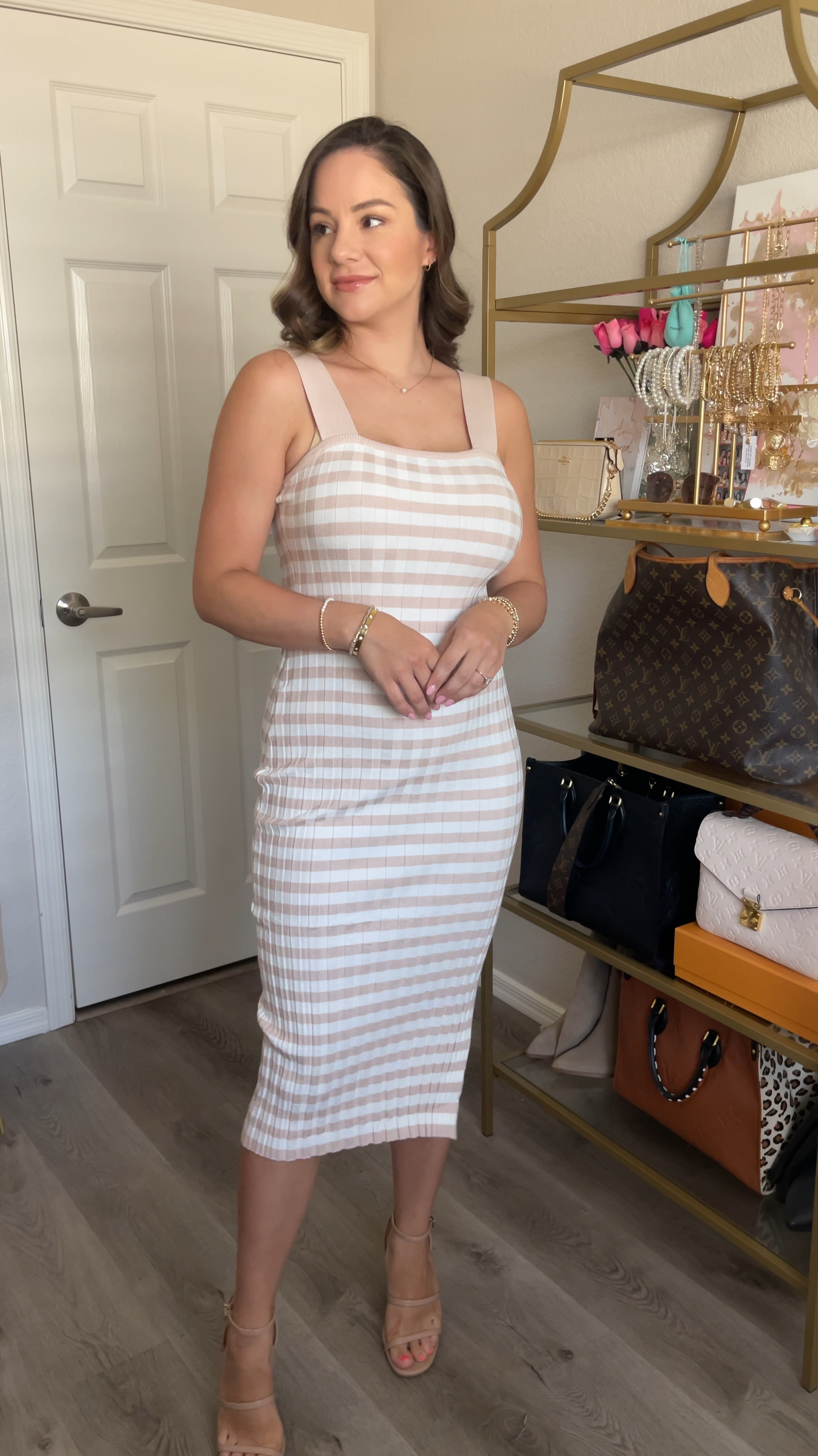 Striped Knit Midi dress (wearing x-small/light apricot), cutout dress, summer dress, Bodycon dress, casual dress, neutral dress, Amazon dress, spring dress, nude heels (tts) #amazonfashion #dress #outfitidea #under50

#LTKSeasonal #LTKVideo #LTKStyleTip