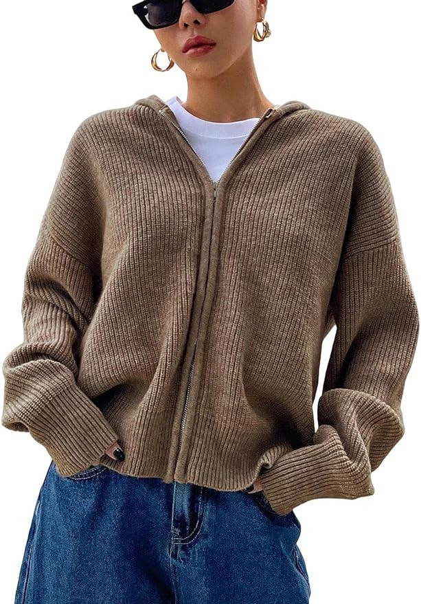 SOLY HUX Zip Up Cardigan for Women Hooded Cardigan Sweater Knitted Drop Shoulder Fall Clothes Win... | Amazon (US)