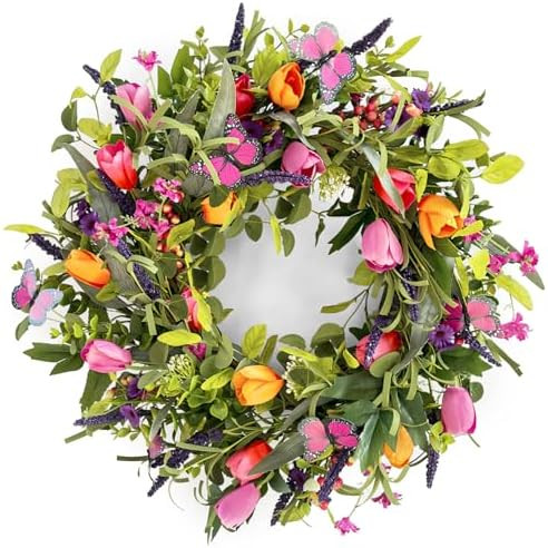 24" Wreaths for Front Door, Wreath with Tulip Wreath, Butterfly, Lavender and Eucalyptus, Vivid A... | Amazon (US)