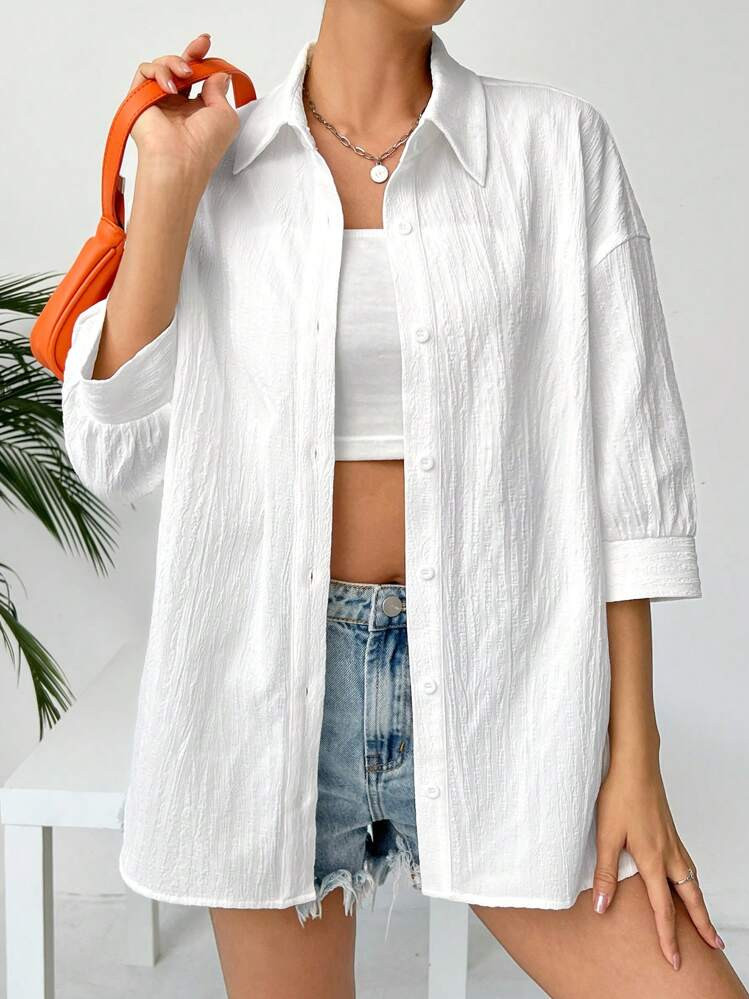 SHEIN EZwear Linen Solid Drop Shoulder Button Front Beach Shirt | SHEIN