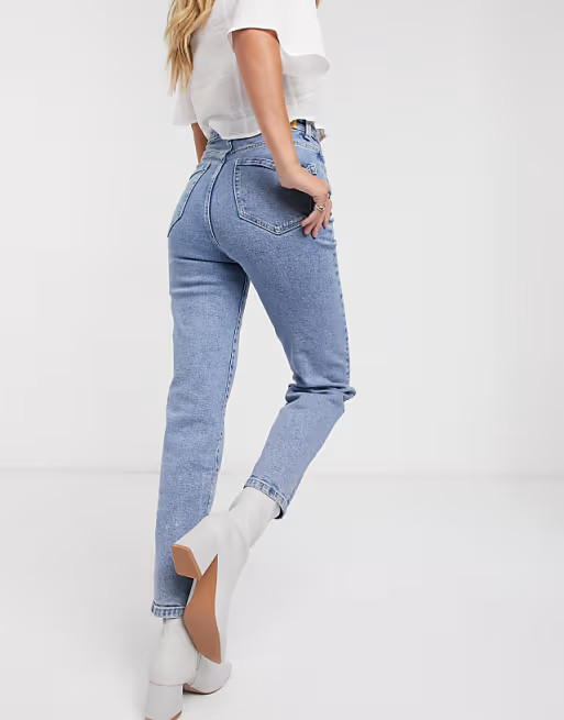 Stradivarius organic cotton slim mom jeans with stretch in washed blue | ASOS (Global)