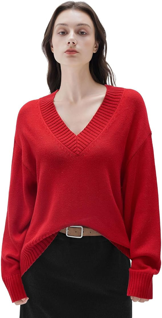 SUUKSESS Women Cashmere Oversized V Neck Pullover Sweaters Long Sleeve Jumpers | Amazon (US)