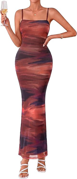 BTFBM Womens Summer Maxi Dress 2026 Floral Mesh Spaghetti Straps Sleeveless Sexy Bodycon Wedding ... | Amazon (US)