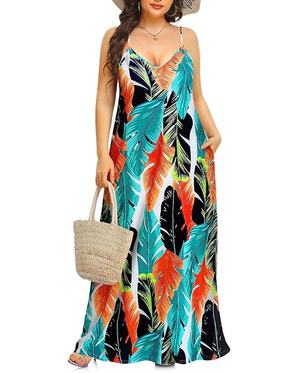Pinup Fashion Women's Summer Maxi Dress Plus Size Sleeveless Spaghetti Strap Beach Long Dresses | Amazon (US)