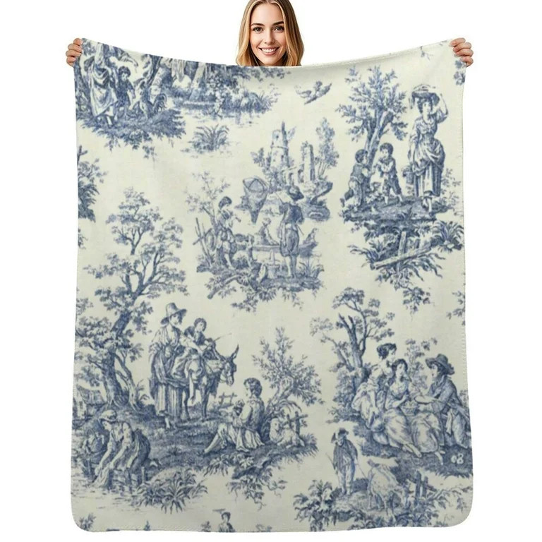 Powder Blue French Toile Picnic Designs Flannel Blanket Warm Soft Bedding Throws Winter Camping C... | Walmart (US)