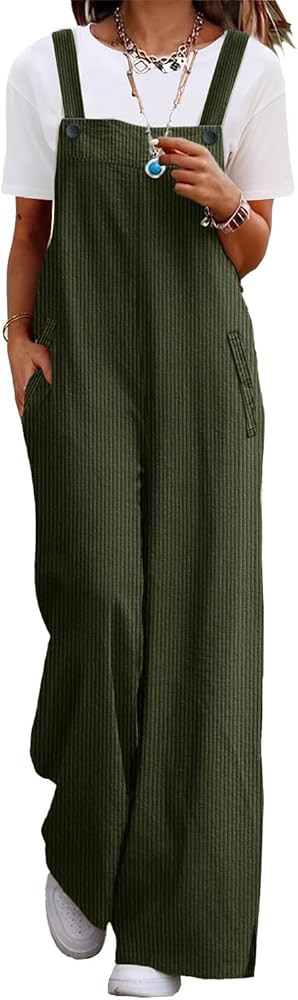 YESNO Women's Casual Corduroy Overalls Adjustable Straps Baggy Pants Wide Leg Jumpsuits with Pock... | Amazon (US)