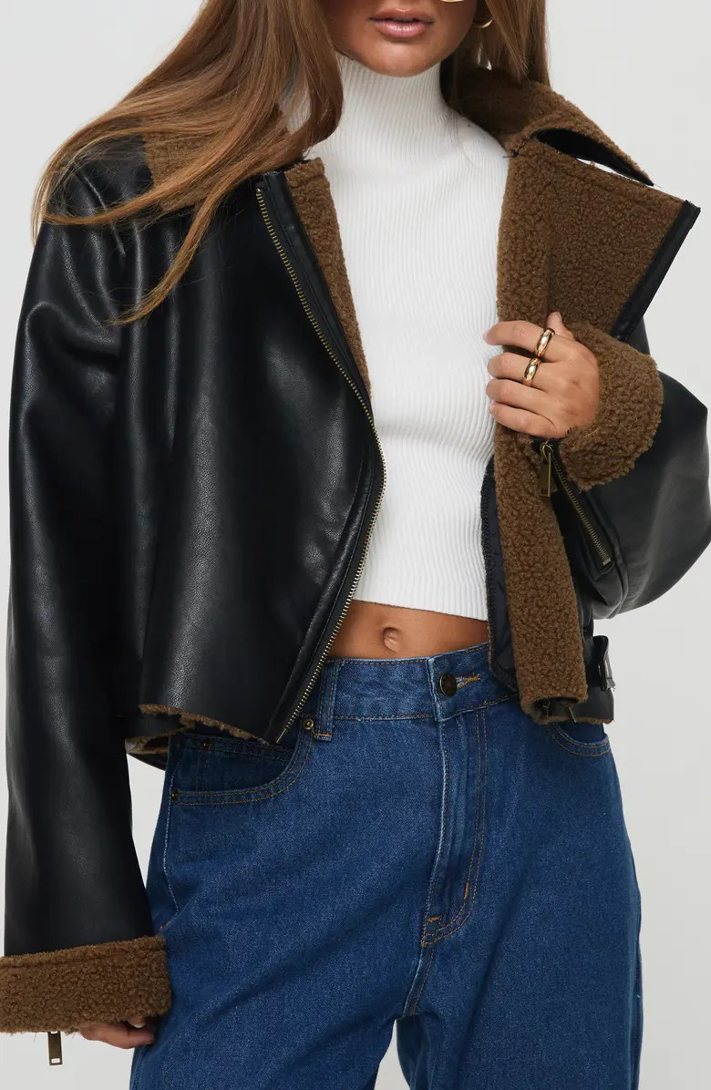 Faux Leather Crop Jacket with Faux Shearling Trim | Nordstrom