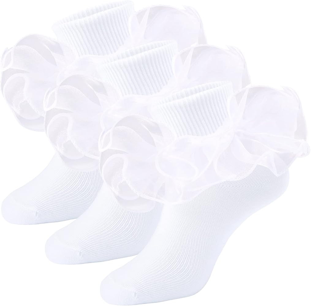 Girls Ruffle Socks Double Lace Frilly Dress Socks Kids Turn Cuff Socks for Toddler Little Girls 2... | Amazon (US)
