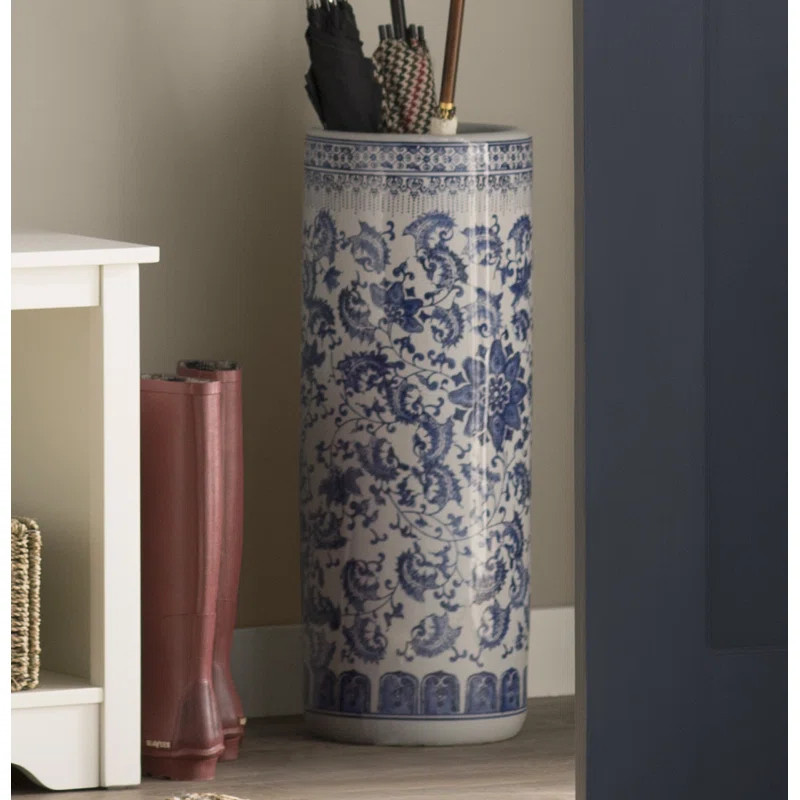 Akshaye 8.5'' Wide Freestanding Umbrella Stand in Blue/China White | Wayfair North America