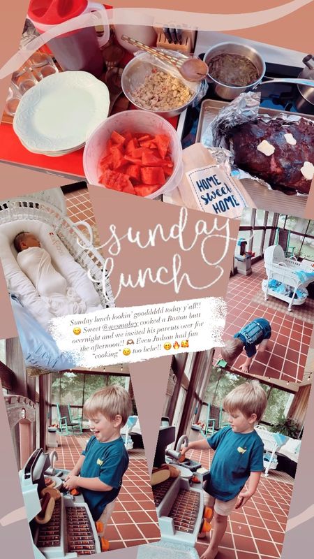 Sunday lunch lookin’ gooddddd today y’all!! 😋 Sweet @wesmabry cooked a Boston butt overnight and we invited his parents over for the afternoon!! 🫶🏽 Even Judson had fun “cooking” 😉 too hehe!! 🤭🔥🥰 