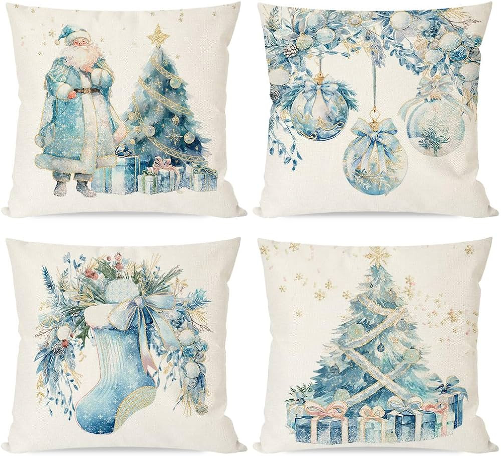 PANDICORN Blue Christmas Pillow Covers 18x18 Inch Set of 4 Vintage Santa Christmas Tree Grandmill... | Amazon (US)