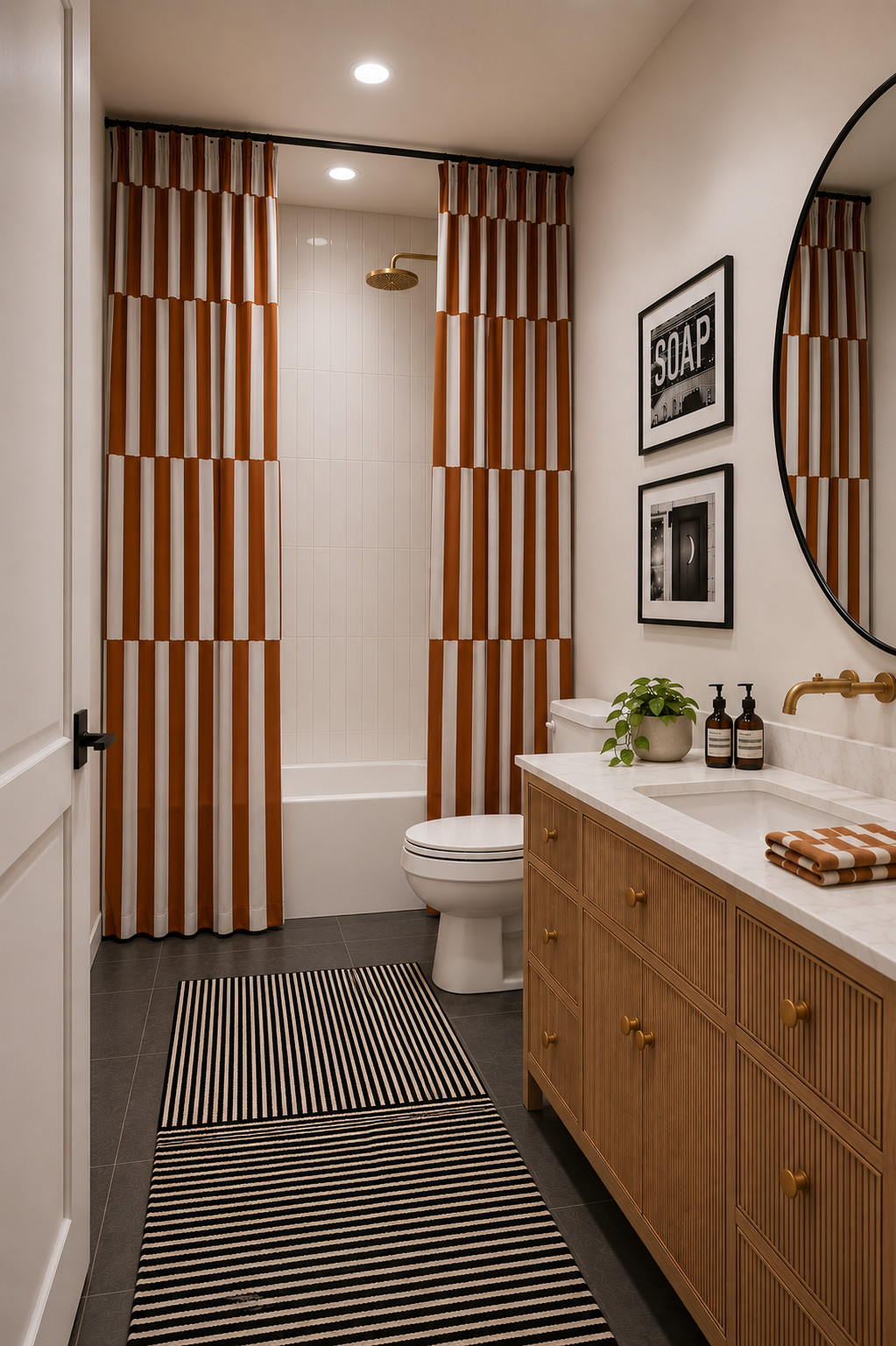 Love the way this bathroom turned out! Perfect for guys or girls. Quick tip for shower curtains: the higher they're installed and the longer they are in length, the better! They instantly elevate any bathroom. 

 #LTKHome