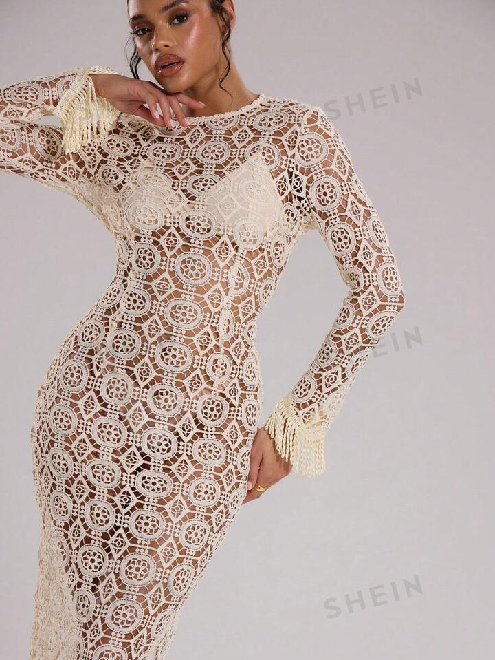 MUSERA Crochet Embroidered Fringe Maxi Dress | SHEIN